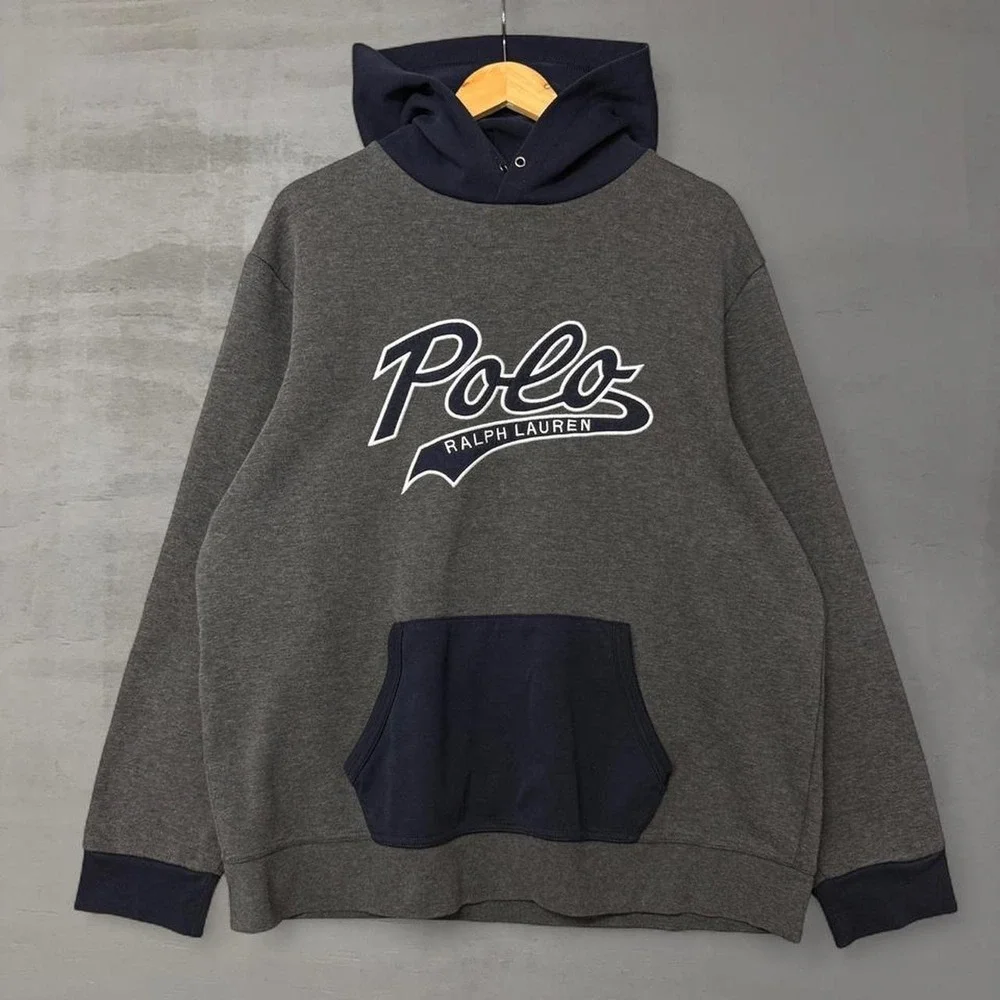 Polo Ralph‎ Lauren Hoodie Gray Navy Blue Performance Script Logo XXL